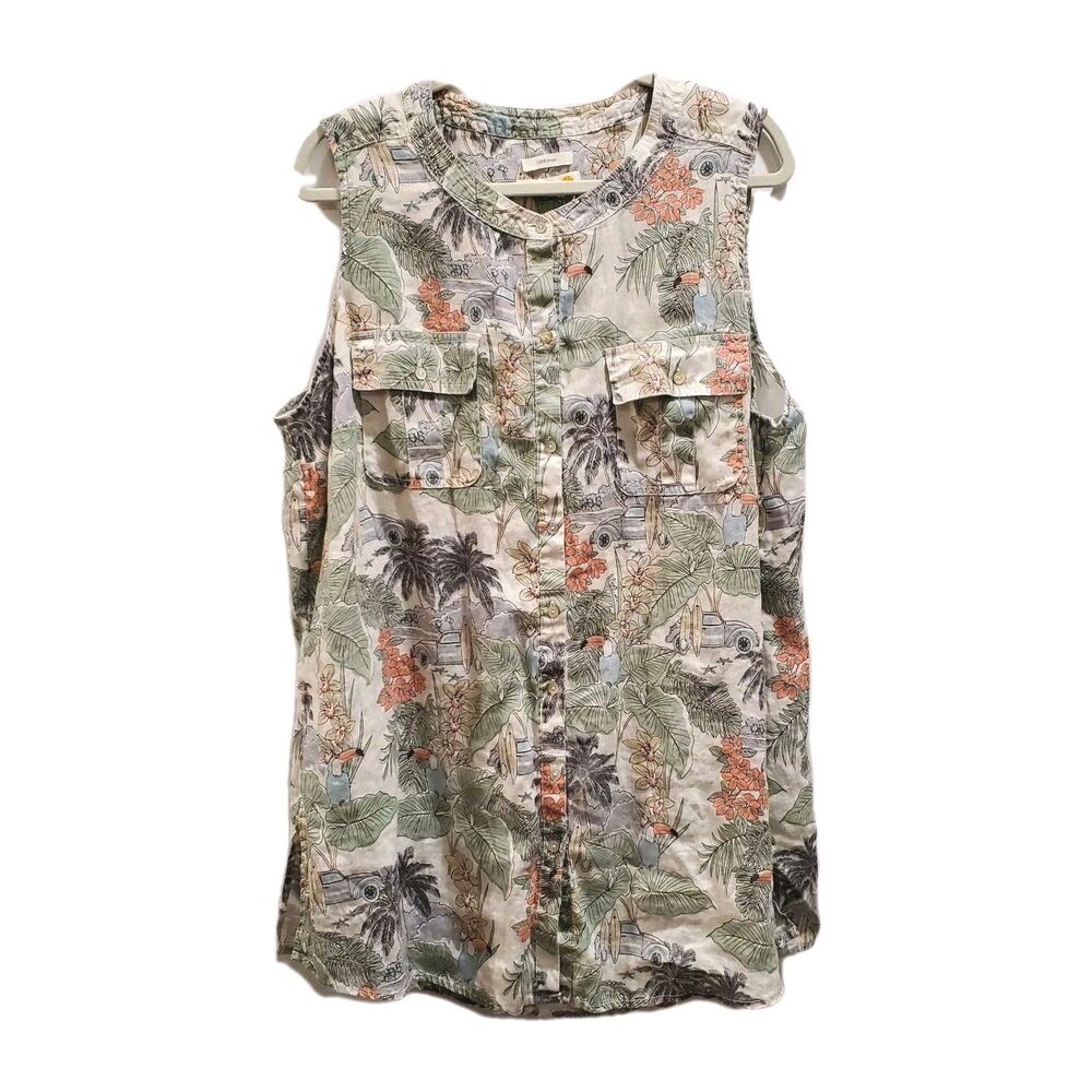 C&C California Women's 2X Linen Tropical Surf Print Sleeveless Tank Top Blouse